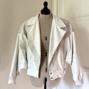 COMINT Vintage 1980s White Leather Jacket Shoulder Pads Batwing Sleeves Size S